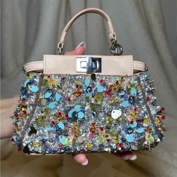 Fendi Handbags - Fendi Beige Leather Micro Peekaboo Embellished Crossbody
